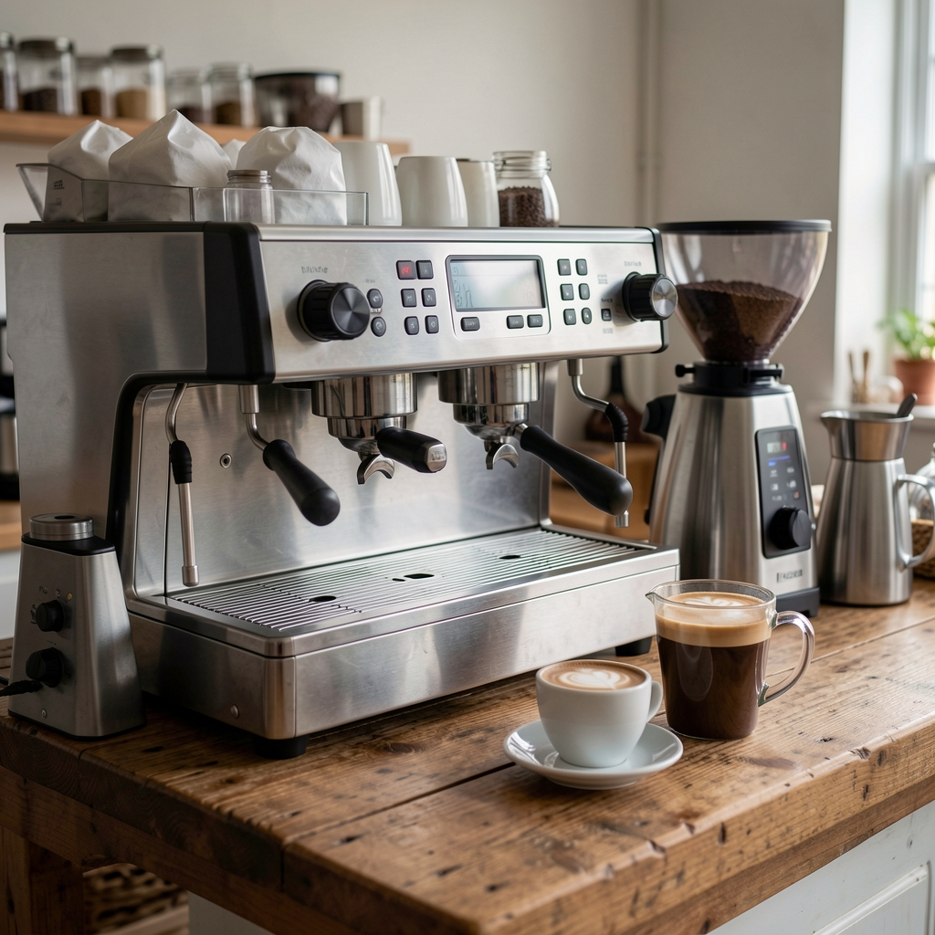 Ev barista kurulumu, espresso makinesi yanında öğütülmüş kahve ve latte art, ahşap tezgah