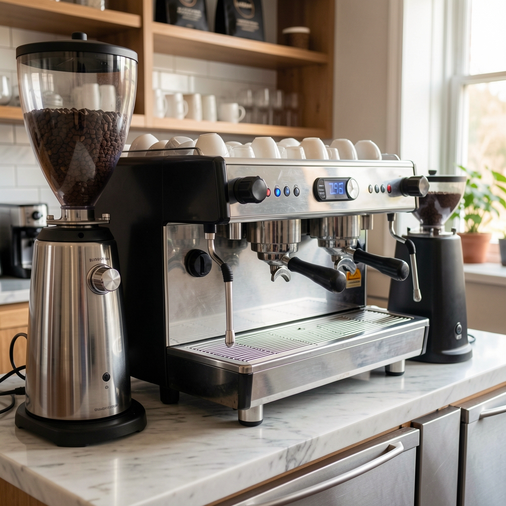 Mermer tezgah üzerinde manuel espresso makinesi, kahve öğütücü ve pour-over seti, barista kurulumu
