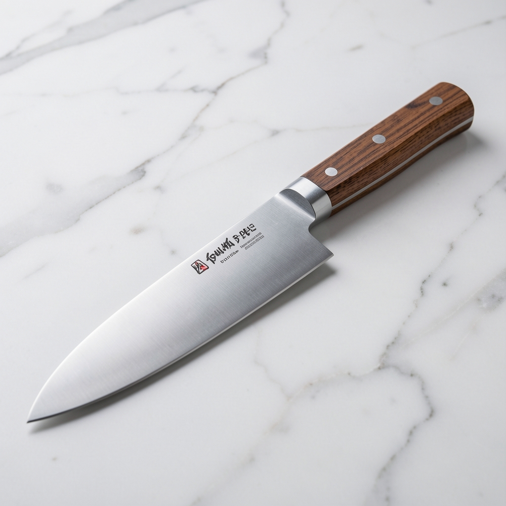 Japon şef bıçağı 20cm VG-10 çelik Santoku modeli, ahşap sap detayı, beyaz mermer zemin üzerinde profesyonel mutfak bıçağı ürün fotoğrafı