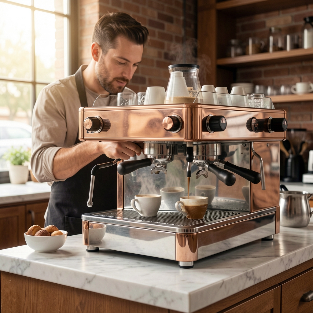Manuel espresso makinesi çift boğazlı, bakır detaylı krom gövde, mermer tezgah üzerinde barista espresso hazırlama sahnesi