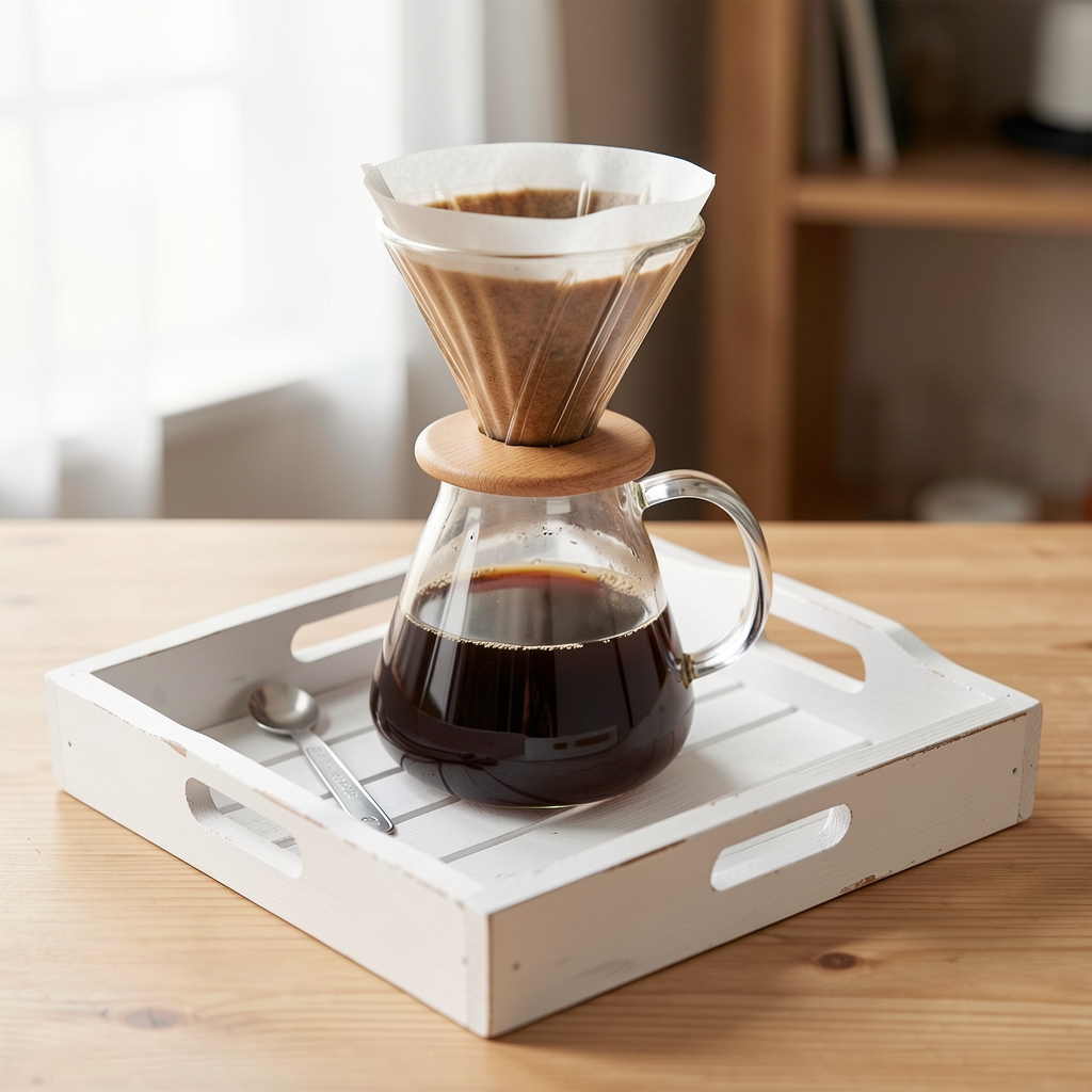 Pour-over kahve demleme seti, cam sürahi, filtre tutucu ve ölçü kaşığı, beyaz ahşap tepsi üzerinde Avrupa barista stili düzenleme