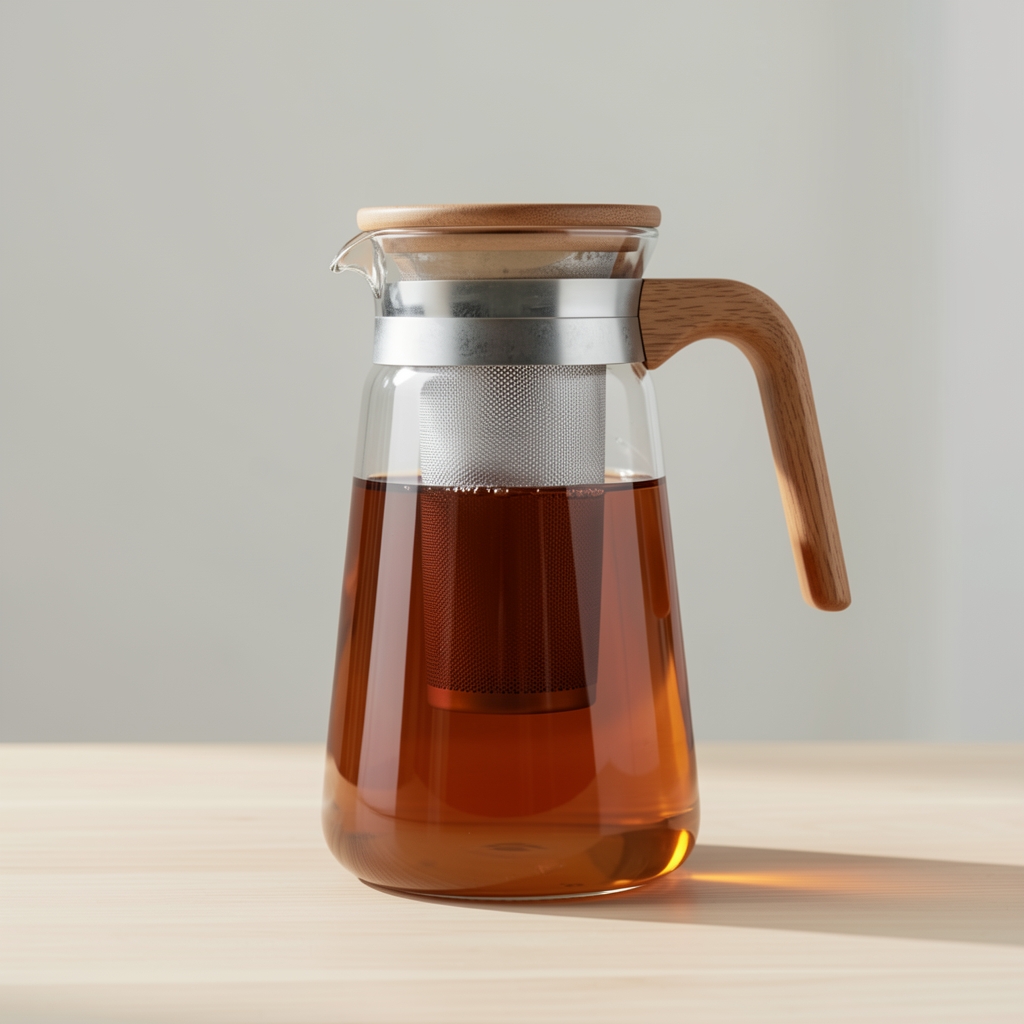 Borosilikat cam çaydan demleme sürahi 1 litre, infüzyon filtreli, ahşap saplı, minimalist tasarım