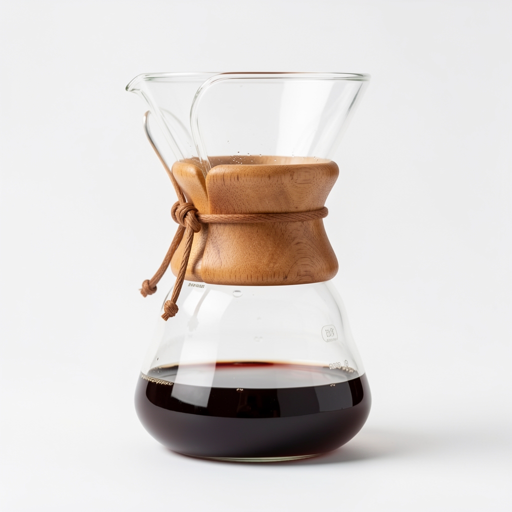 Chemex 6 bardaklık pour-over kahve demliği, ahşap yaka, şeffaf cam gövde