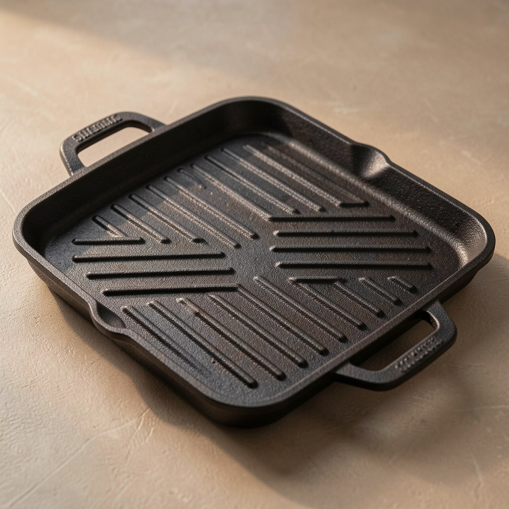 De Buyer dökme demir grill tava kare 26x26 cm, derin yivli pişirme yüzeyi, çift kulplu